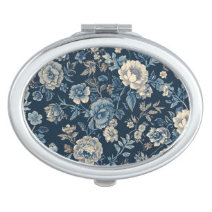 Navy Blue Vintage Floral Botanical Pattern Compact Mirror