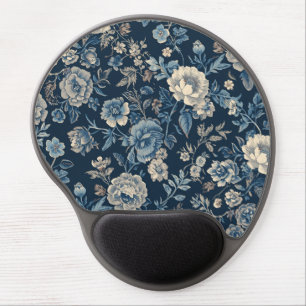 Navy Blue Vintage Floral Botanical Pattern Gel Mouse Pad