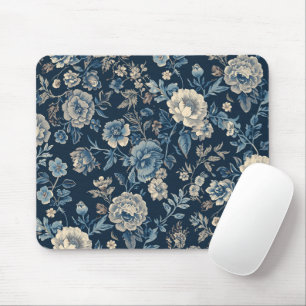 Navy Blue Vintage Floral Botanical Pattern Mouse Pad
