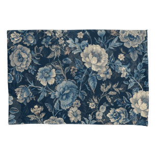 Navy Blue Vintage Floral Botanical Pattern Pillow Case