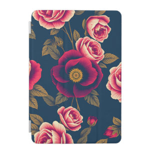 Navy Blue Vintage Floral Coral Roses Gold Leaves iPad Mini Cover