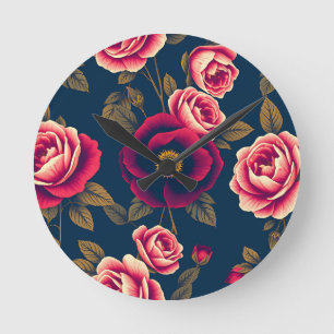 Navy Blue Vintage Floral Coral Roses Gold Leaves Round Clock
