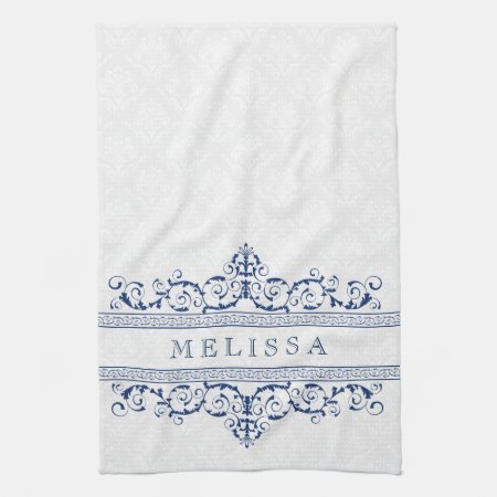 Navy Blue Vintage Floral Swirls Frame Kitchen Towel
