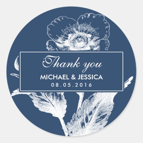 Navy Blue Vintage Flower Wedding Thank You Sticker