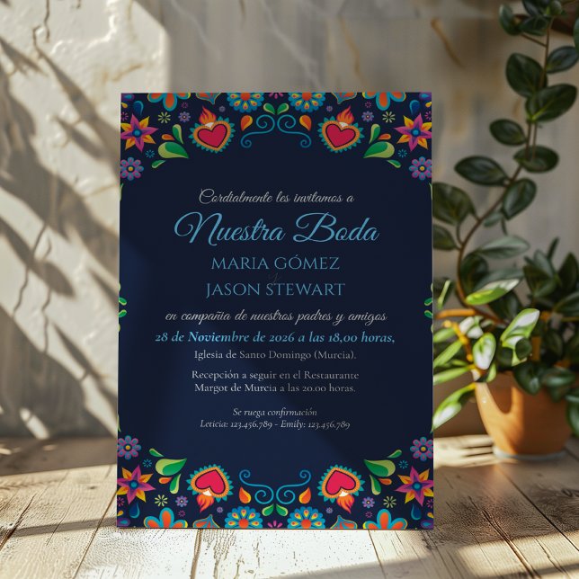 Navy Blue Vintage Folkloric Floral Spanish Wedding Invitation (Navy Blue Vintage Folkloric Floral Spanish Wedding Invitation)