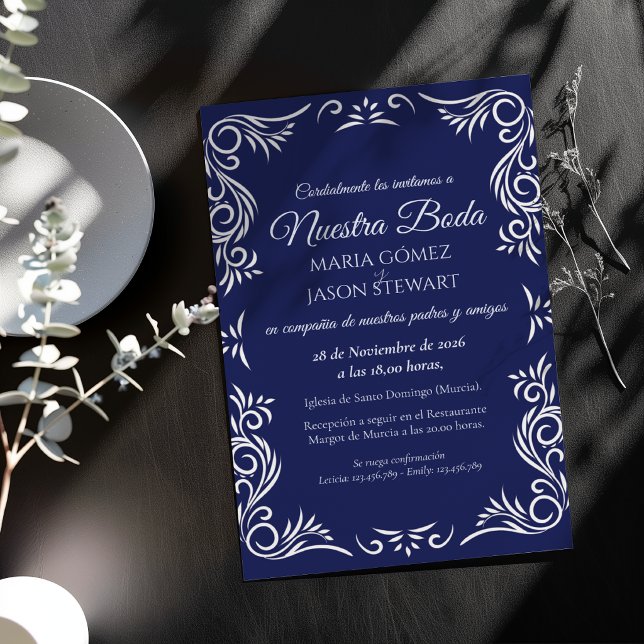 Navy Blue Vintage Formal Elegant Spanish Wedding Invitation (Navy Blue Vintage Formal Elegant Spanish Wedding Invitation)