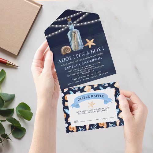 Navy Blue Vintage Message in a Bottle Baby Shower All In One Invitation