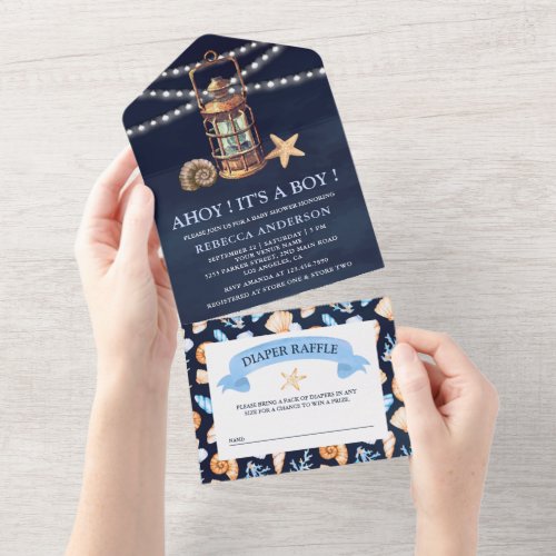 Navy Blue Vintage Nautical Lantern Baby Shower All In One Invitation