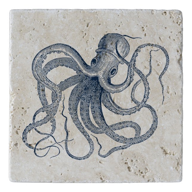 Navy Blue Vintage Nautical Octopus Trivet (Front)