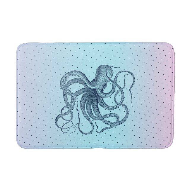 Navy-blue Vintage Octopi Illustration Bath Mat (Front)