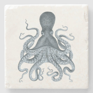Navy Blue Vintage Octopus Illustration Stone Coaster
