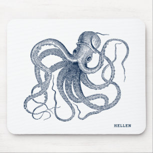 Navy-Blue Vintage Octopus Mouse Pad