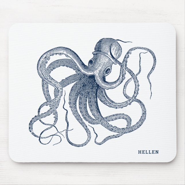 Navy-Blue Vintage Octopus Mouse Pad (Front)