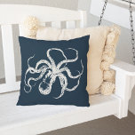 Navy Blue Vintage Octopus Throw Pillow<br><div class="desc">Add vintage nautical style to your patio,  boat or pool area with our outdoor throw pillow in rich navy blue,  featuring an off white vintage etched style octopus illustration.</div>