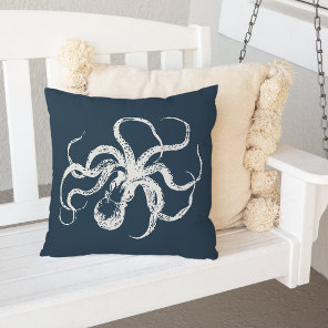 Navy Blue Vintage Octopus Throw Pillow