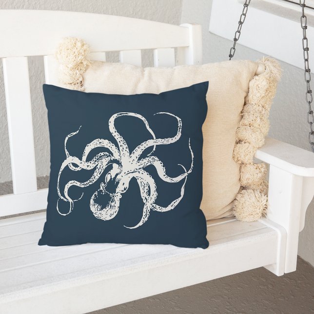 Navy Blue Vintage Octopus Throw Pillow (Creator Uploaded)