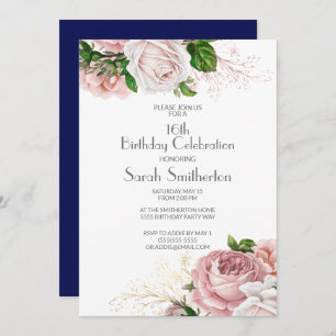 Navy Blue Vintage Pink Floral 16th Birthday Invitation