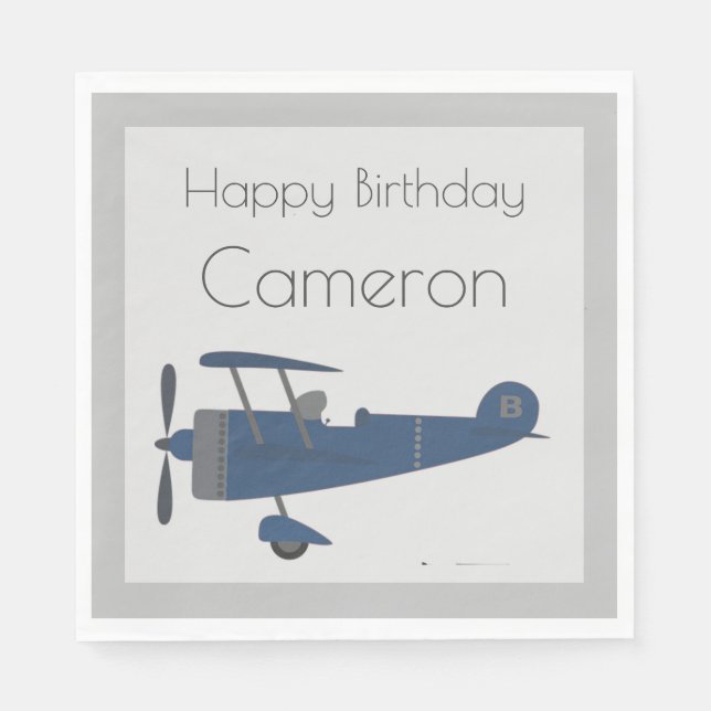 Navy Blue Vintage Plane Boy's Custom Name Napkins (Front)