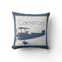 Navy Blue Vintage Plane Boy's Custom Name on Blue Throw Pillow