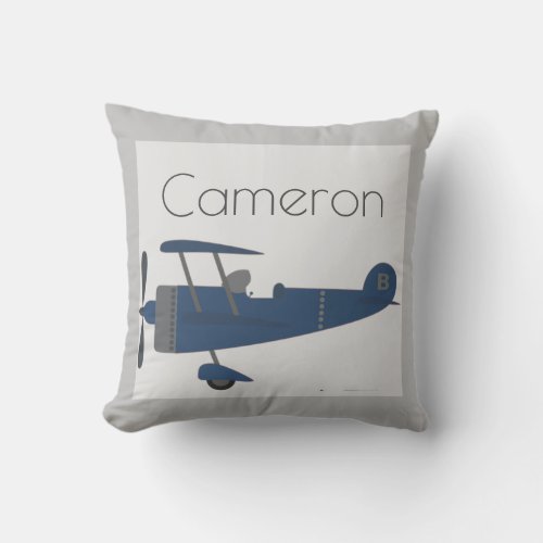 Navy Blue Vintage Plane Boys Custom Name Throw Pillow