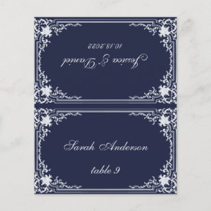 Navy Blue Vintage Printed Name Wedding Place Card
