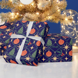 Navy blue vintage retro ornaments Christmas Wrapping Paper