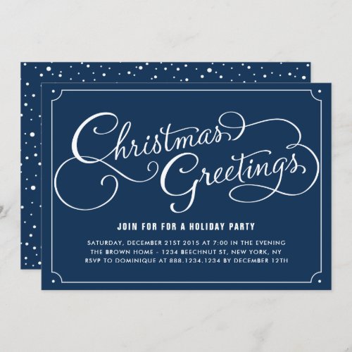 Navy Blue Vintage Script Christmas Party Invitation