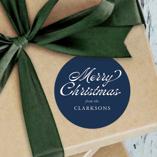 Navy Blue Vintage Script Modern Merry Christmas Classic Round Sticker