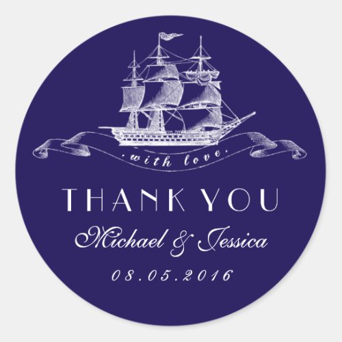 Navy Blue Vintage Ship Thank You Wedding Sticker