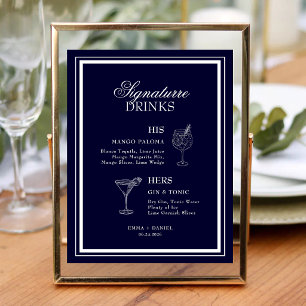 Navy Blue Vintage Signature Drinks Wedding Menu