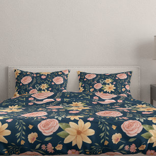 Navy Blue Vintage Wildflower Rose Pattern Pillow Case