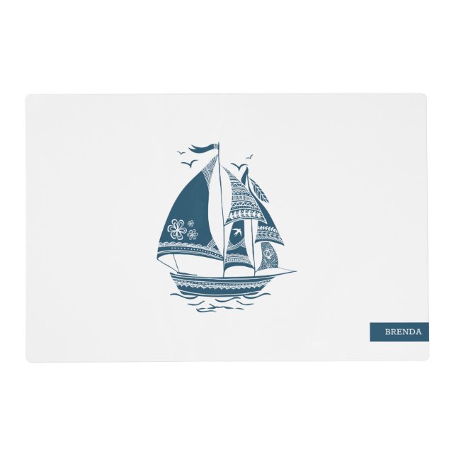 Navy-Blue Vintage Wind Sailing Boat2 Placemat (Front)