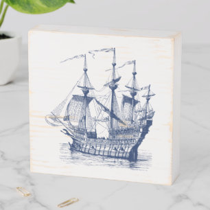 Navy-blue vintage wind sailing boat wooden box sign