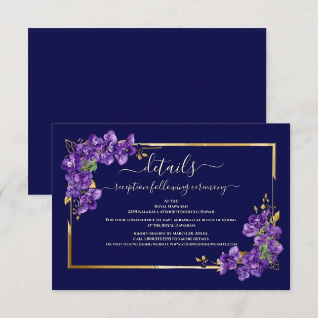 Navy Blue Violet Floral Gold Frame Classic Wedding Enclosure Card (Front/Back)