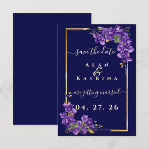 Navy Blue Violet Floral Gold Frame Elegant Save The Date