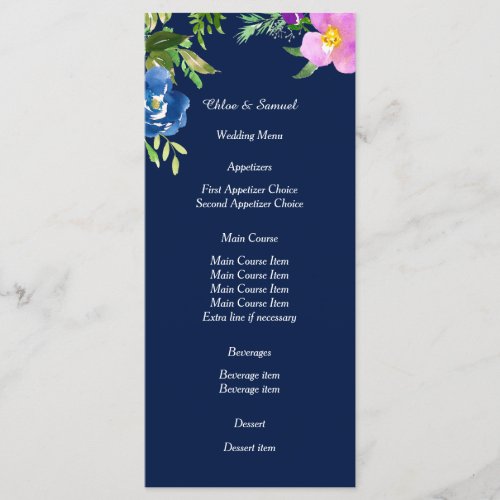 Navy Blue Violet Floral Wedding Menu