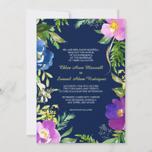 Navy Blue Violet Modern Floral Wedding Invitation