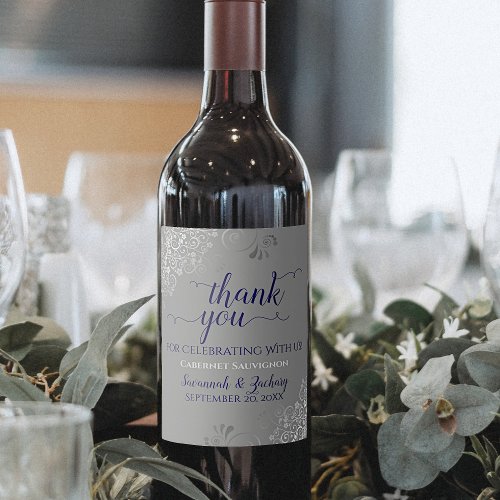 Navy Blue w Silver Frills Gray Wedding Thank You Wine Label