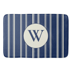 Navy Blue Warm Ivory Classic Elegant Stripes Bath Mat