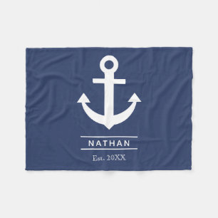 Navy Blue Washed Anchor Custom Monogram Name  Fleece Blanket