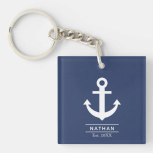 Navy Blue Washed Anchor Custom Name  Keychain