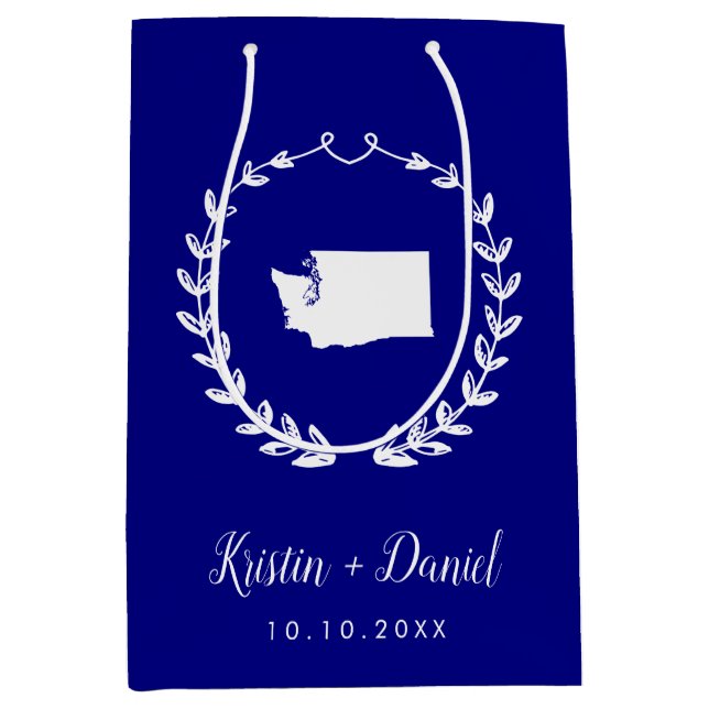 Navy Blue Washington Map Wedding Welcome Swag Medium Gift Bag (Front)