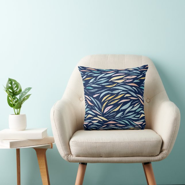 Navy Blue Watercolor Abstract Art Leaf Pattern Throw Pillow (Chair)