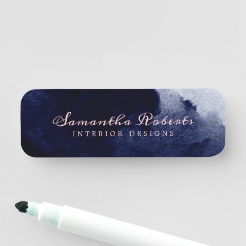  Navy Blue Watercolor Abstract Blush Pink Script Name Tag