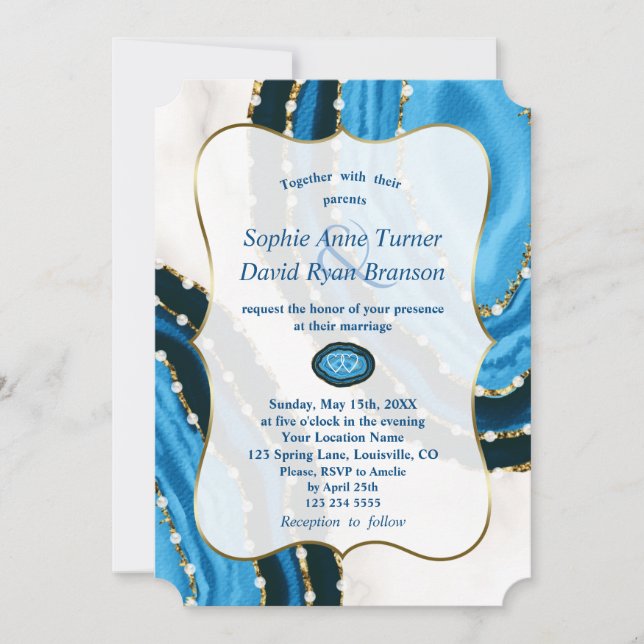 Navy Blue Watercolor Agate Pearls Wedding Invitation (Front)