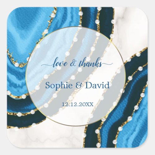 Navy Blue Watercolor Agate Pearls Wedding Square Sticker