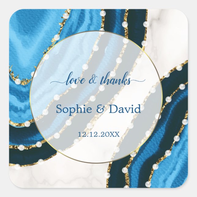 Navy Blue Watercolor Agate Pearls Wedding Square Sticker (Front)