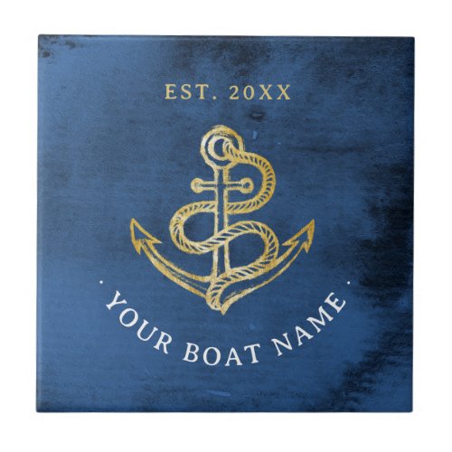 Navy Blue Watercolor Anchor Nautical Add Boat Name Ceramic Tile