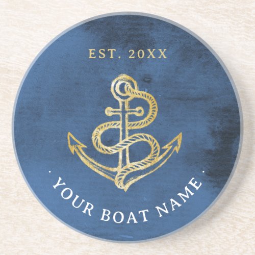 Navy Blue Watercolor Anchor Nautical Add Boat Name Coaster