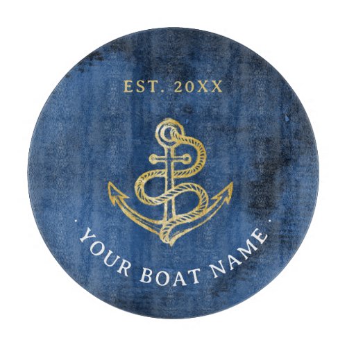 Navy Blue Watercolor Anchor Nautical Add Boat Name Cutting Board